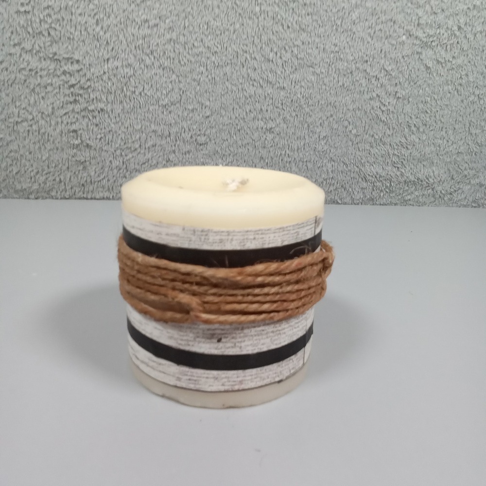 Rustic Farmhouse Striped Pillar Candle with Jute Twine Wrap Cream Black 3x3